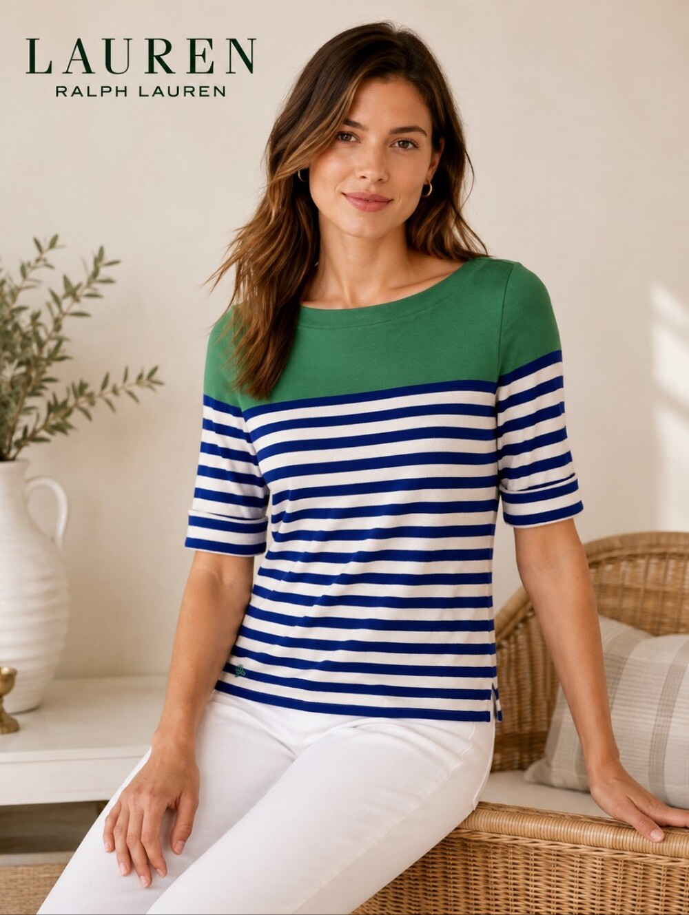 Lauren Ralph Lauren Striped Boat Neck Top Green Blue White Stretch Knit Size S